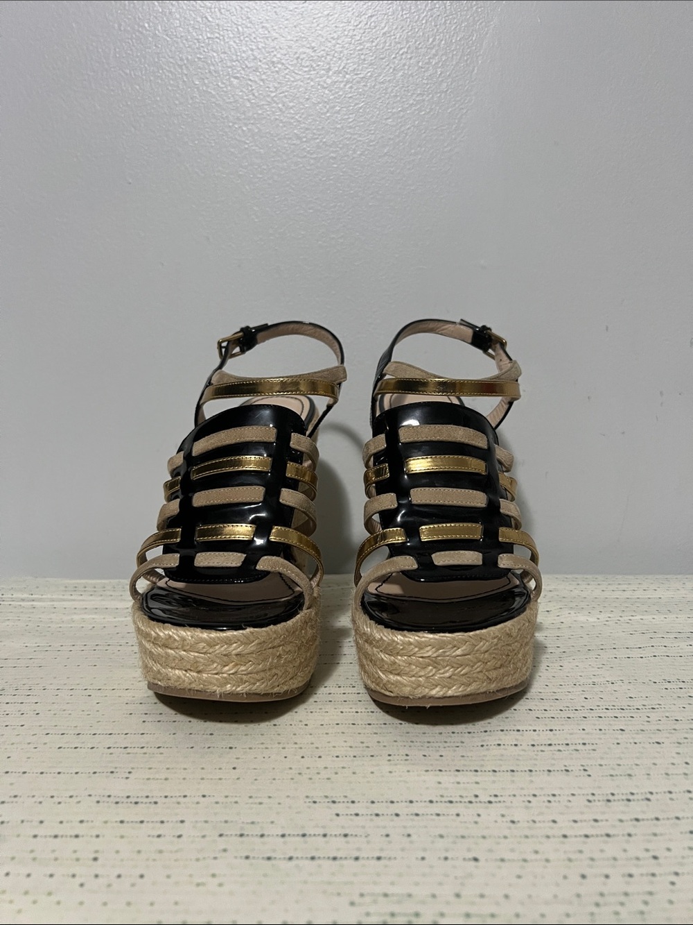 Yves Saint Laurent Black and Gold Strappy Espadrille Platform Sandals